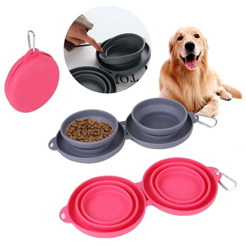 Rubber Foldable Double Bowl Pet Feeding Bowl - Outlitte