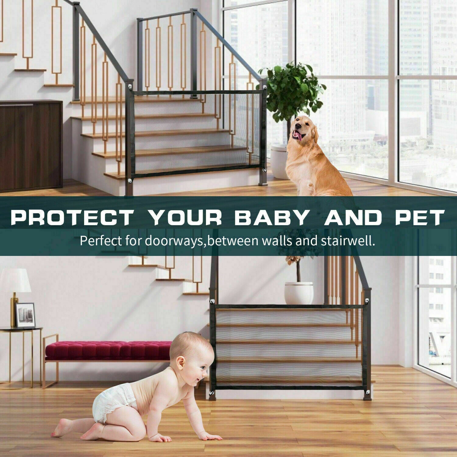 Pets Dog Cat Baby Safety Gate Mesh Fence Magic Portable Guard Net Stairs Doors - Outlitte